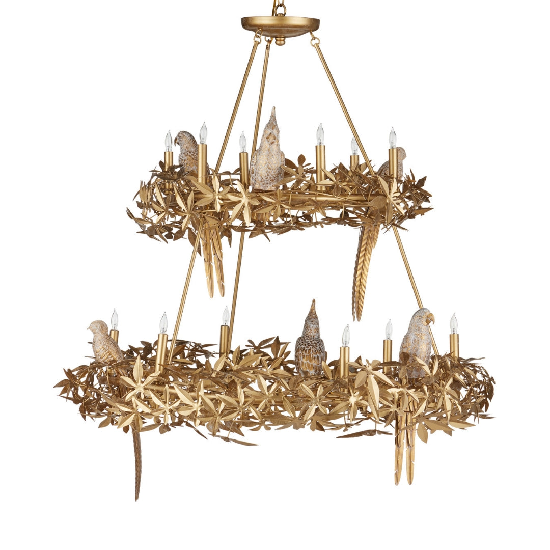 Swedish Gold Botanical Bird Chandelier