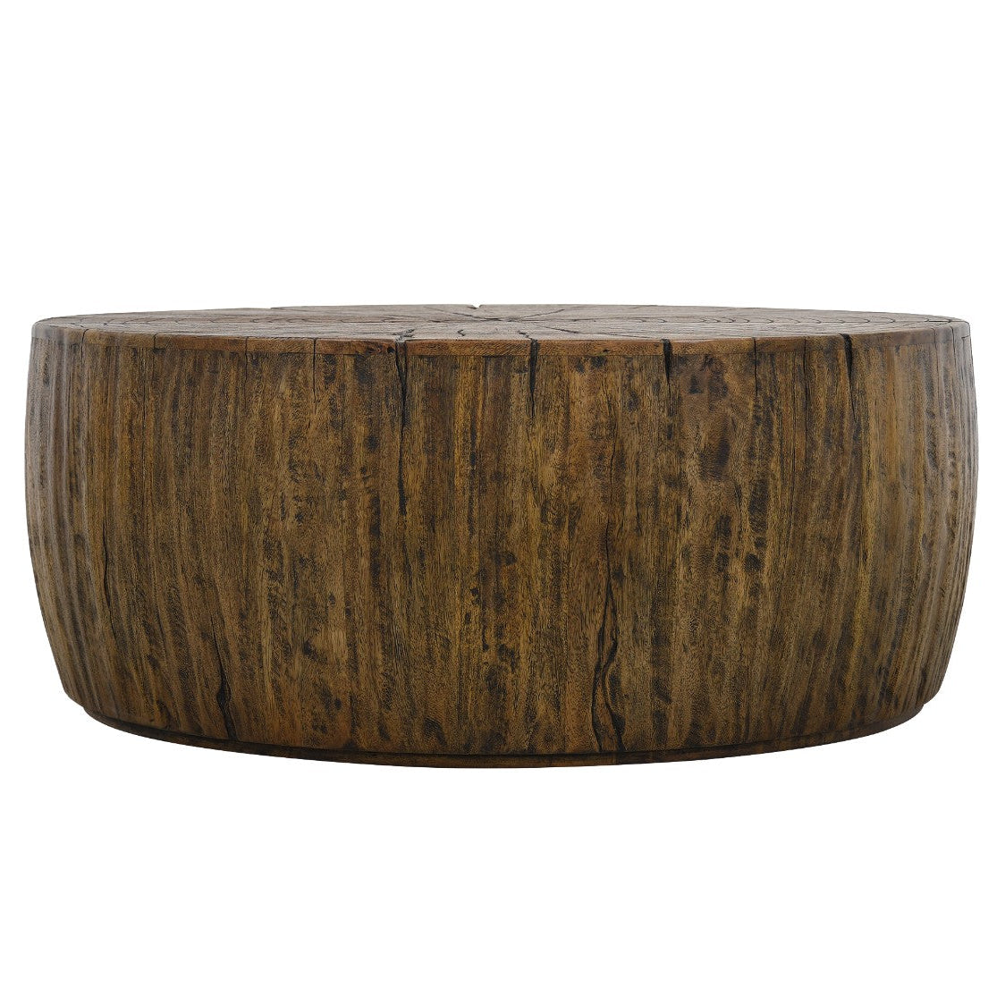 Arden round mango wood coffee table with natural tree-ring detailing, organic cracks, and a rich brown rustic finish.