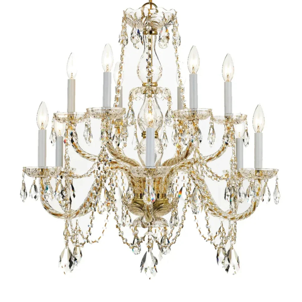 Elegant gold crystal chandelier with candle-style lights in a French country style.