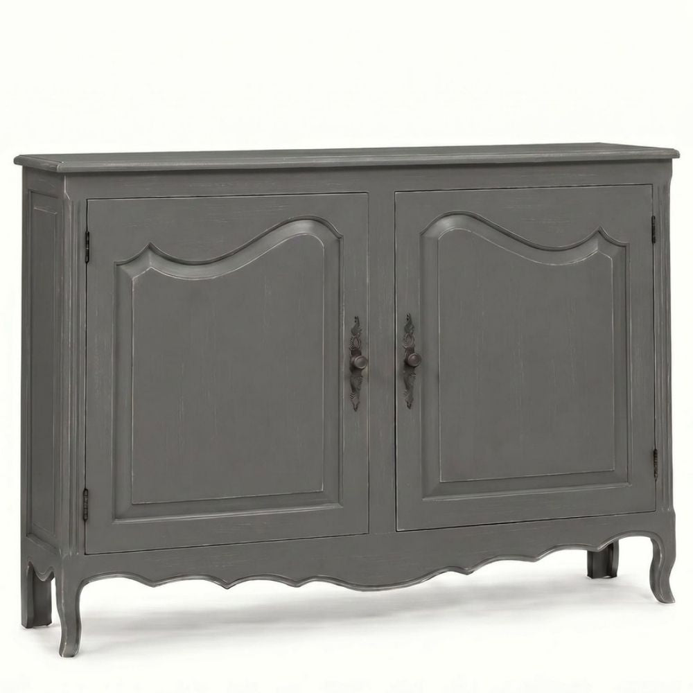 Grey French country style wooden sideboard cabinet with curved door panels and legs.