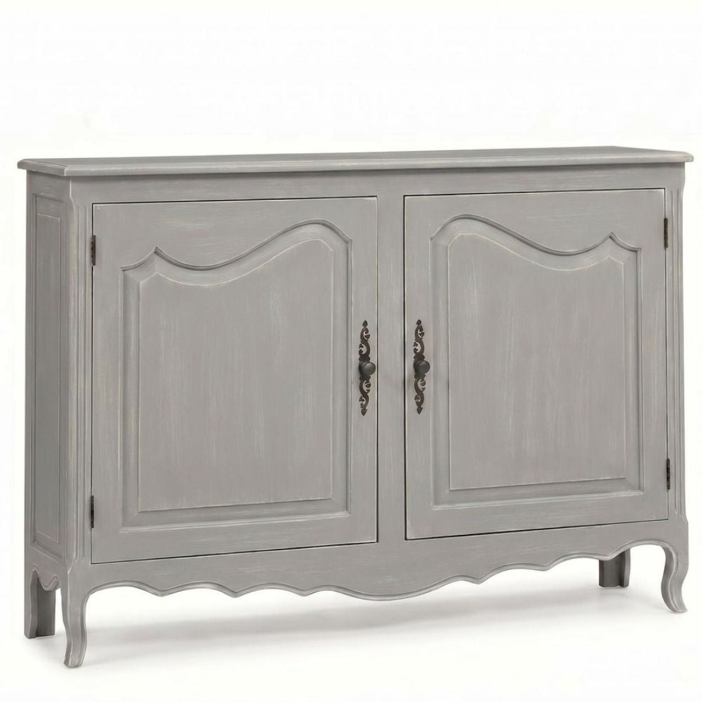 Grey French country style wooden sideboard cabinet with ornate handles and curved legs.