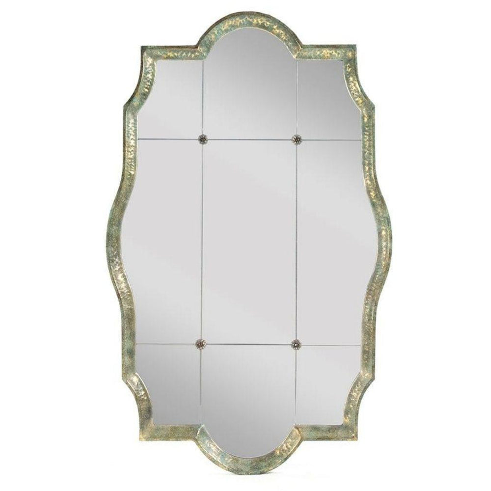 Elegant French country wall mirror with distressed gold frame and beveled glass panels