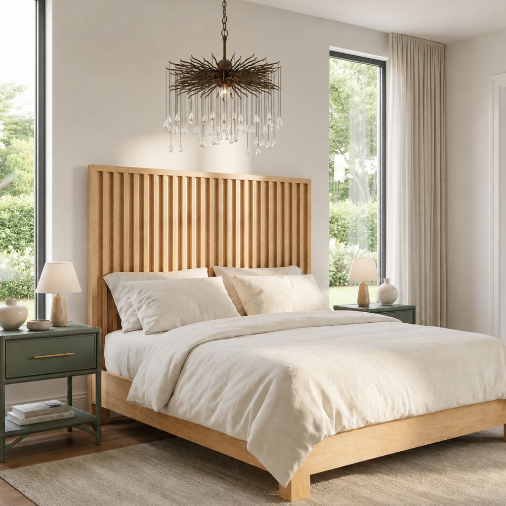 Modern Slatted Rattan Panel Bed