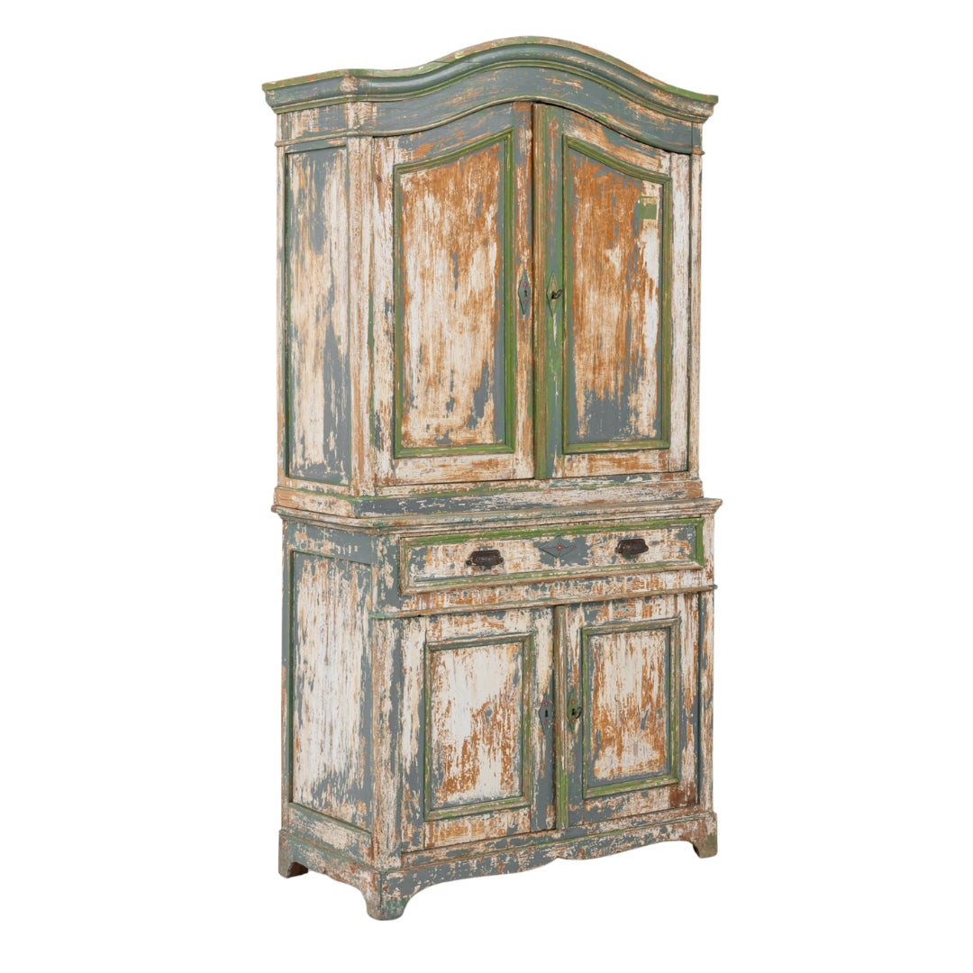 Vintage Green and Turquoise Distressed Armoire, Circa 1850