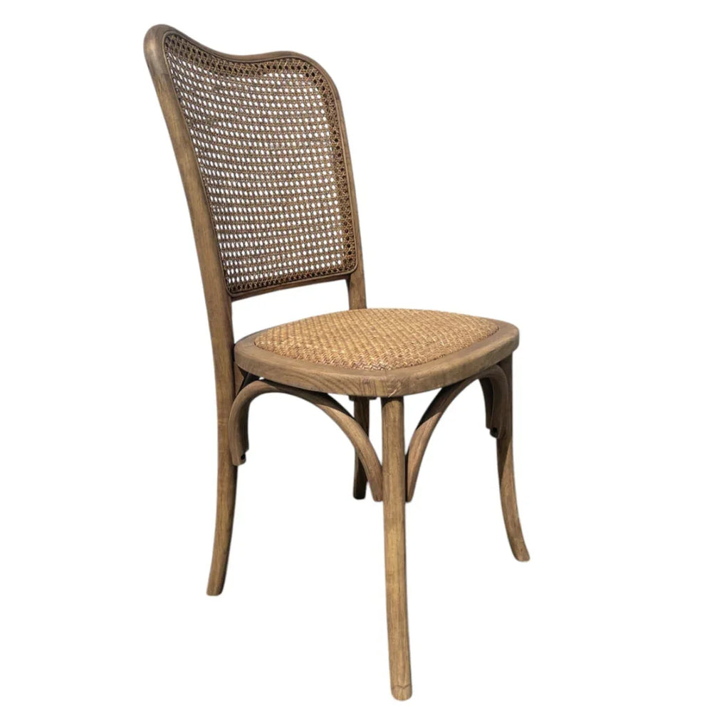 Rustic cane back dining chair with woven seat, farmhouse style wooden frame