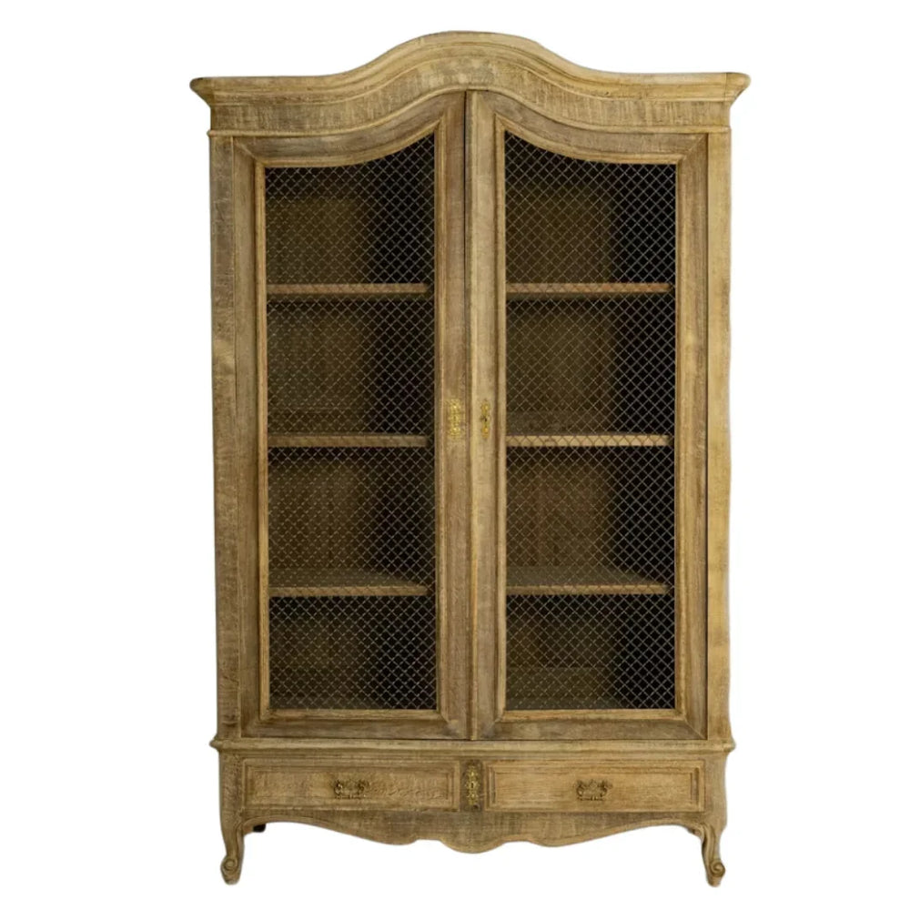 French country style wooden cabinet with mesh doors and a weathered natural finish.