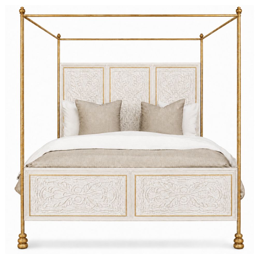 White Carthaginian Canopy Gold Trimmed Bed