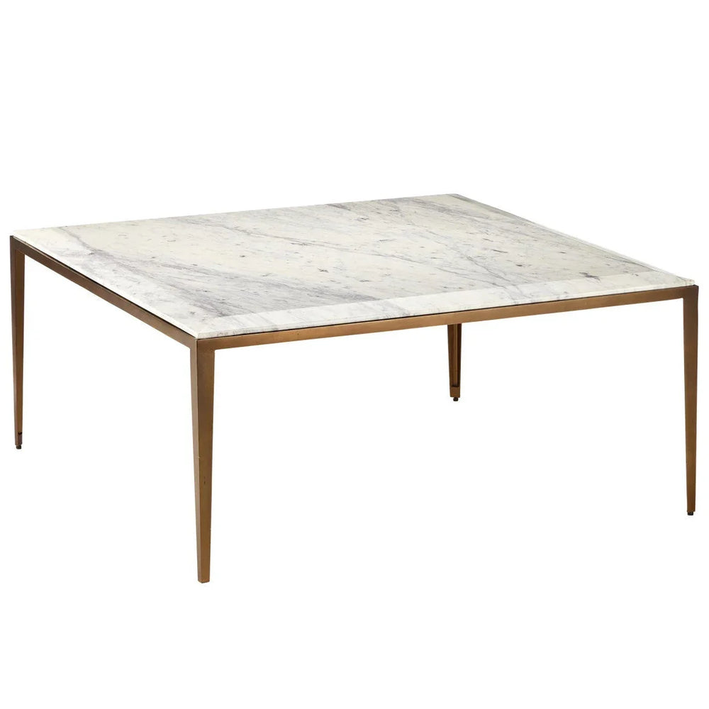 Square white marble coffee table with a gold metal frame in a modern minimalist style.