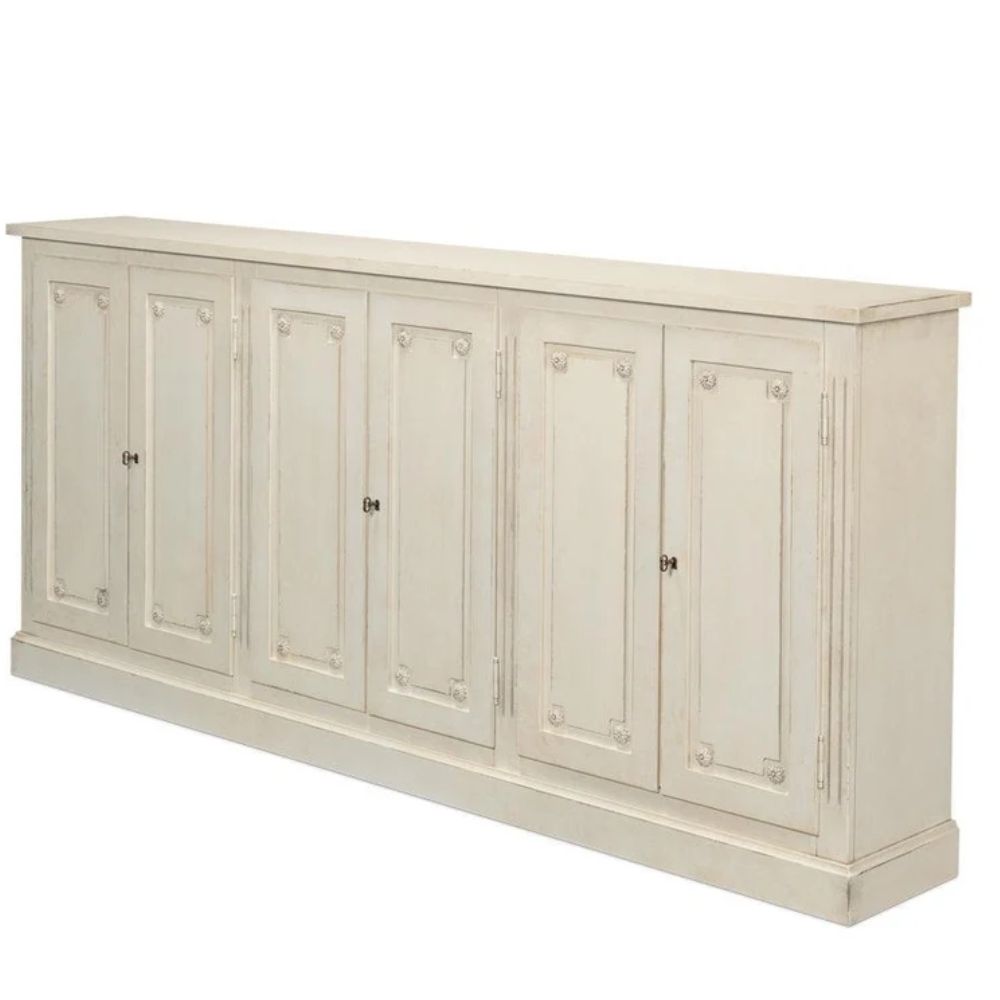 Off-white French country style sideboard cabinet with six paneled doors