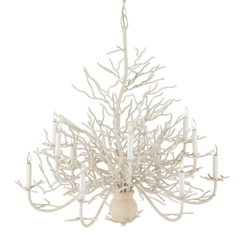 White coral-style chandelier with candle bulbs, coastal farmhouse lighting fixture