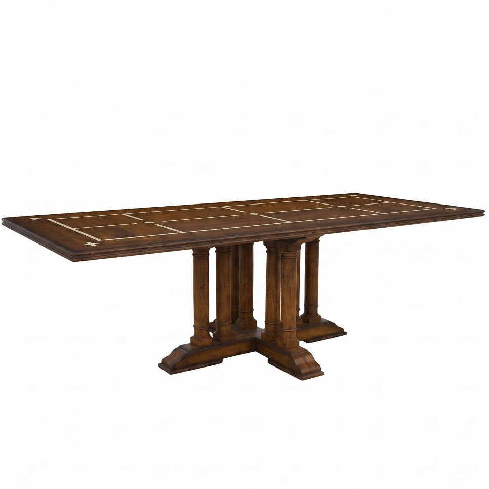 A dark brown wooden dining table with a rectangular top, decorative inlay lines, and a multi-column pedestal base, shown on a plain white background.