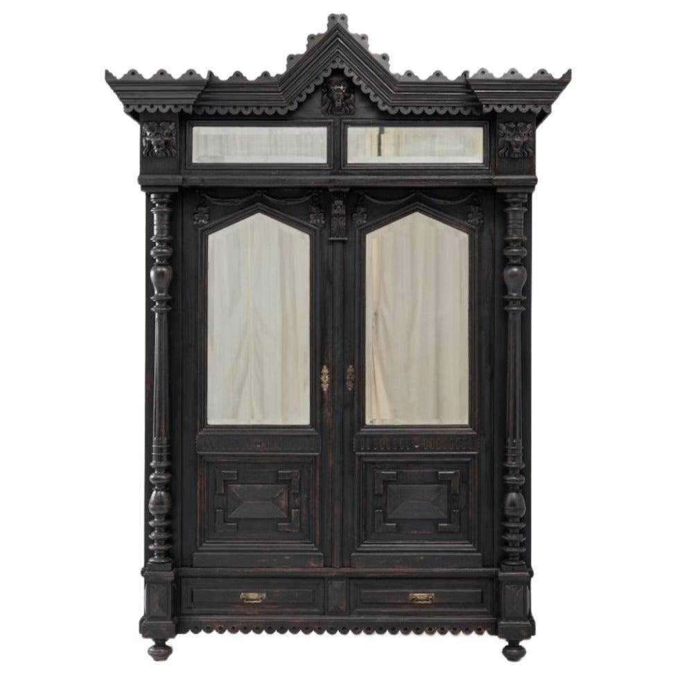 Gothic Noir Antique Black Patinated Armoire, Circa 1850