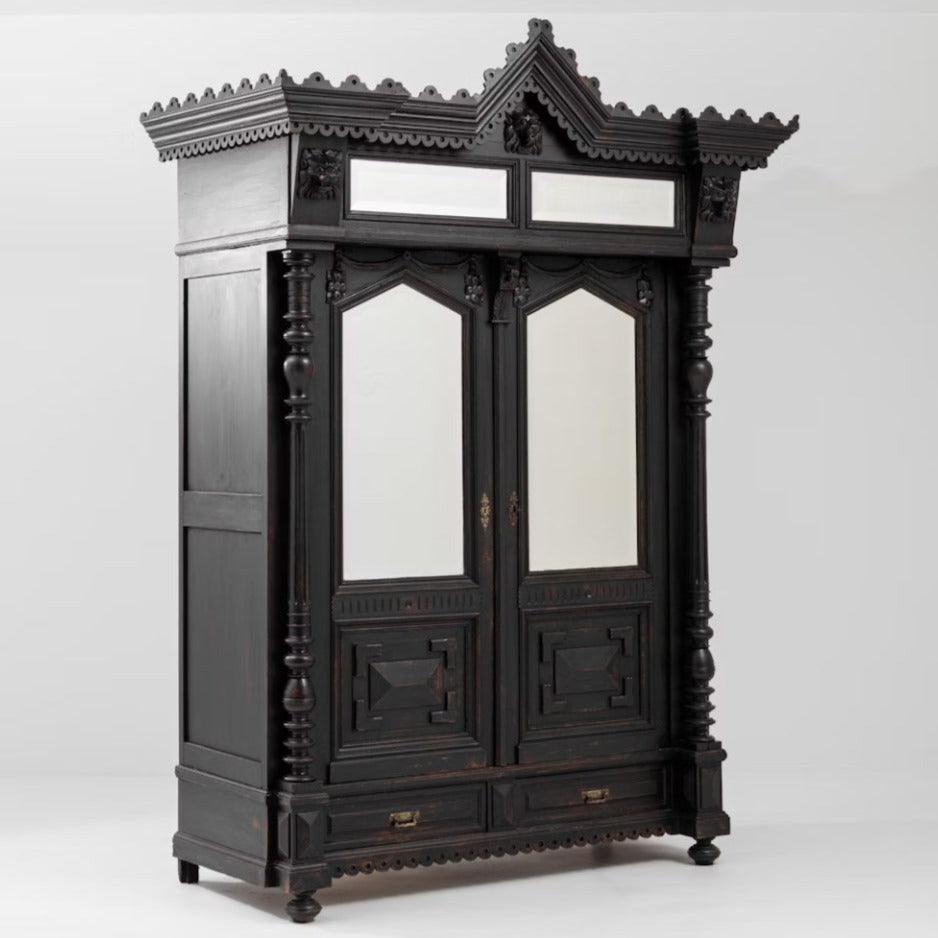 Gothic Noir Antique Black Patinated Armoire, Circa 1850