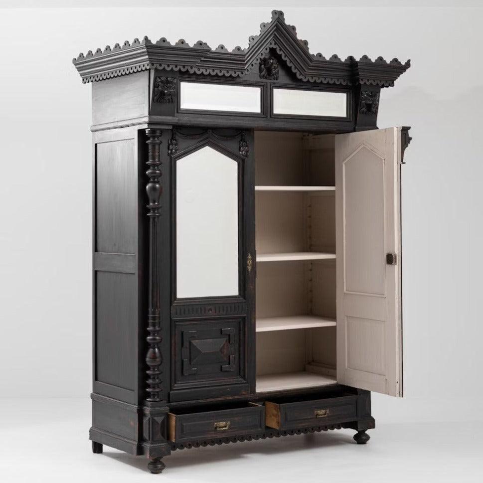 Gothic Noir Antique Black Patinated Armoire, Circa 1850