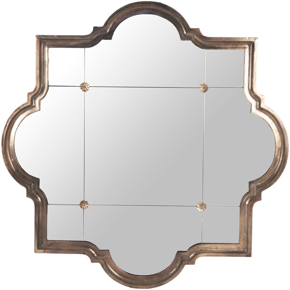 Ornate quatrefoil mirror with distressed gold frame and floral accents, perfect for French country or shabby chic decor