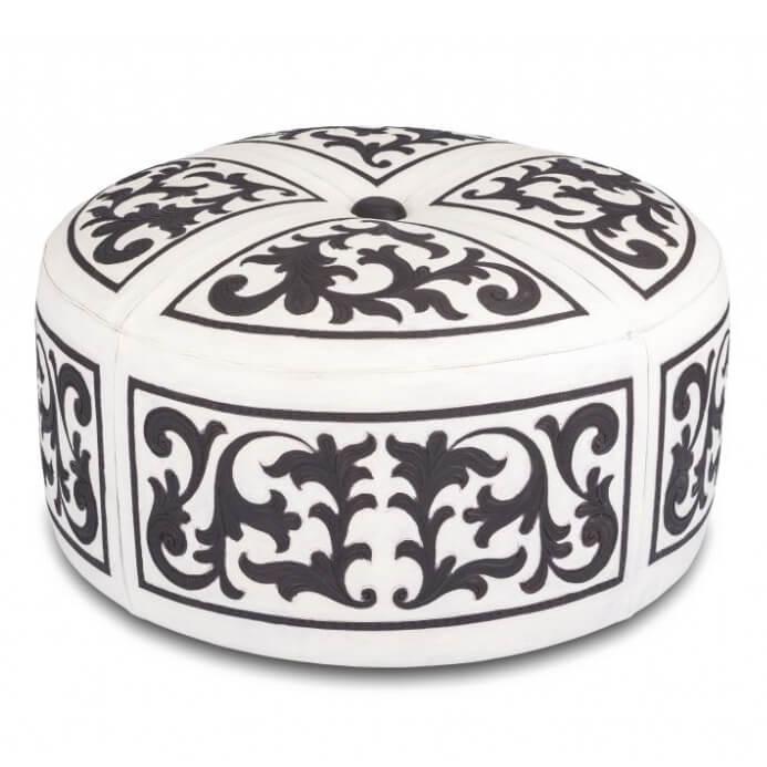 Baroque Round Scroll Leather Ottoman - Belle Escape