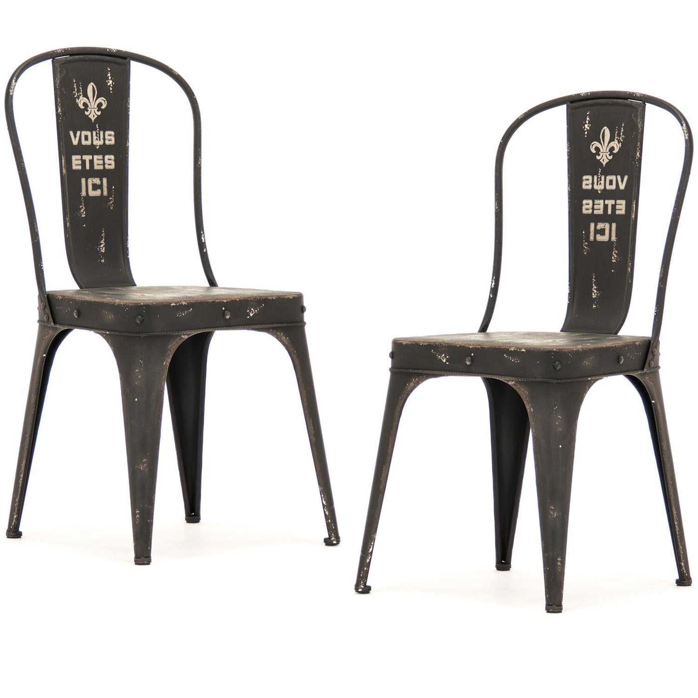 Black Metal French Words Chairs Pair
