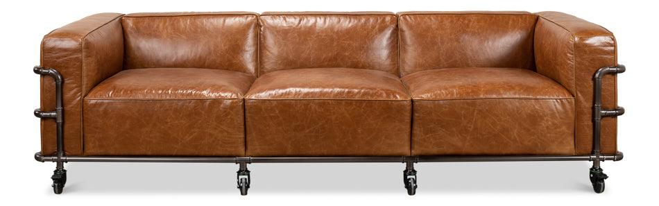 Brown Leather Industrial Iron Pipe Sofa - Belle Escape