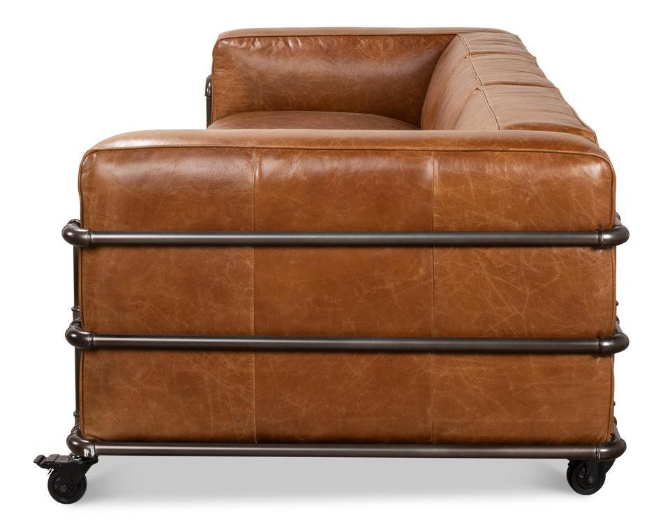 Brown Leather Industrial Iron Pipe Sofa - Belle Escape