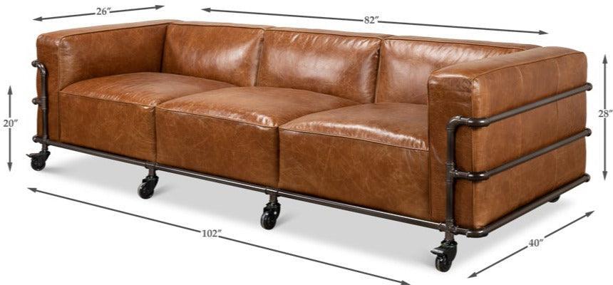 Brown Leather Industrial Iron Pipe Sofa - Belle Escape
