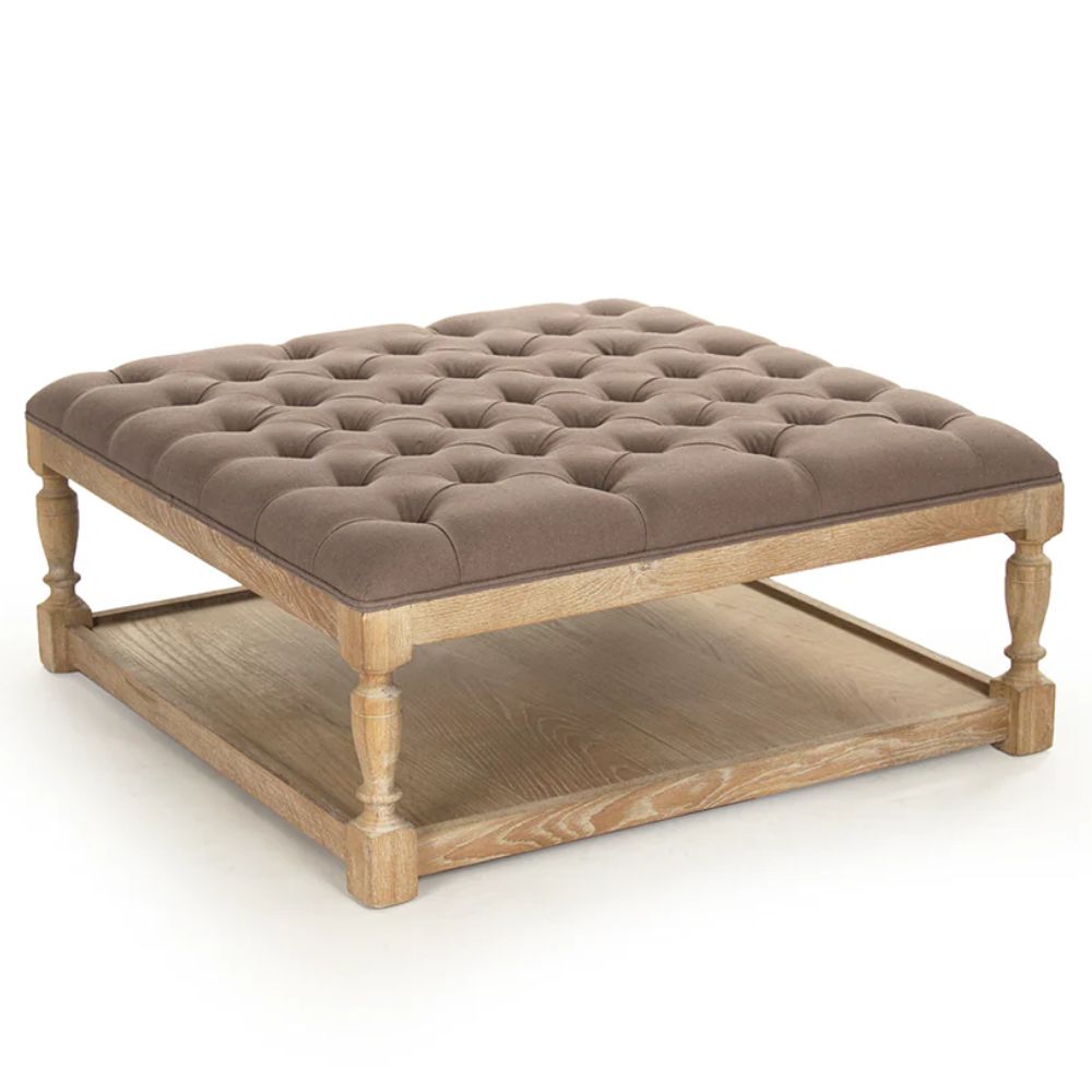 Brown Linen Oak Square Ottoman