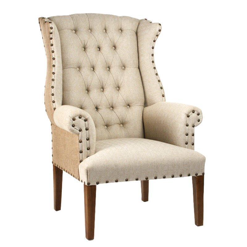 Burlap and Linen Tufted Wing Chair - Belle Escape