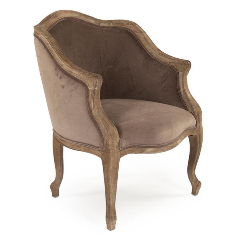 French country style accent chair with brown velvet upholstery and natural wood frame