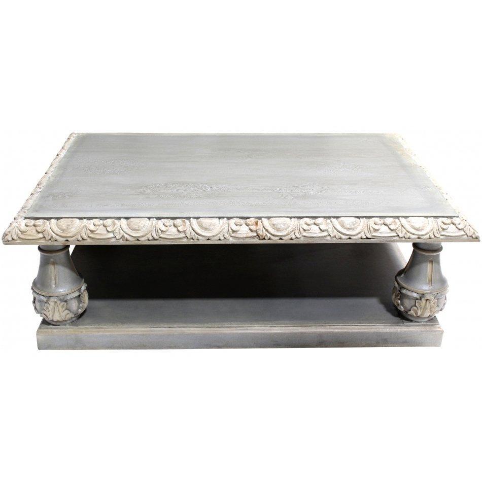 Gray distressed coffee table with ornate carvings, French country style, shabby chic design
