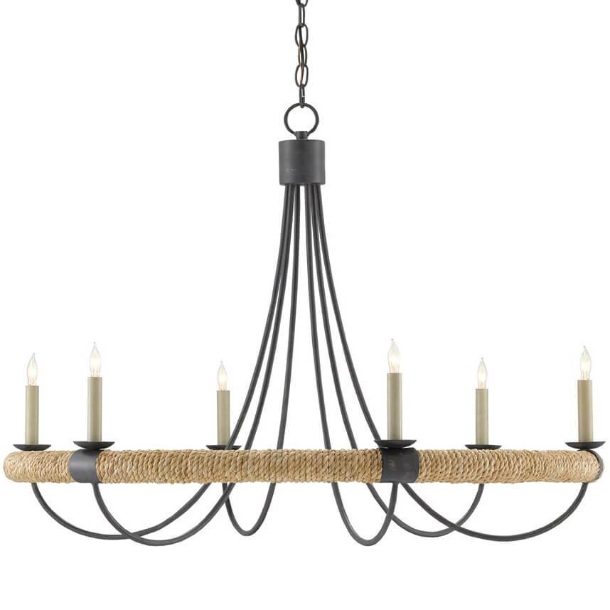 Rope-wrapped coastal chandelier with black metal arms and candle-style bulbs