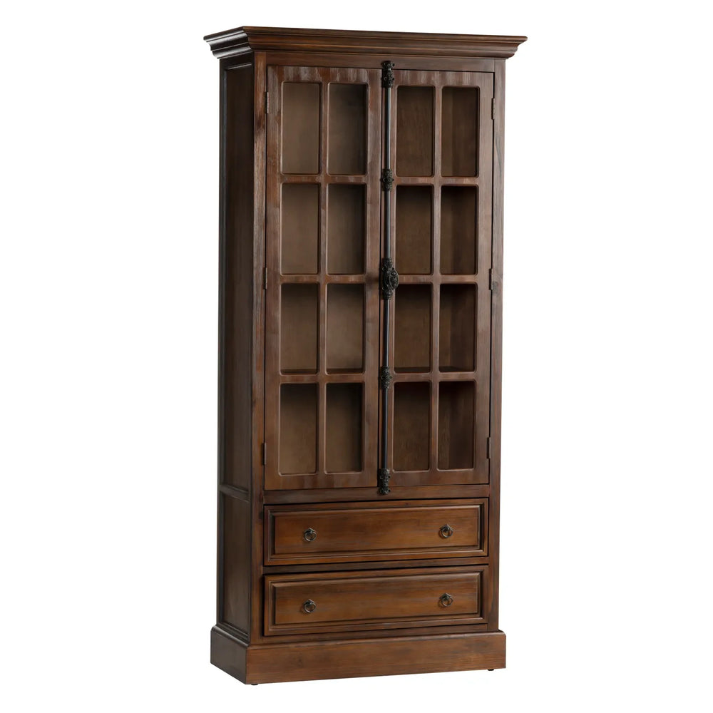 Rustic wooden cabinet with glass-paneled doors and drawers, ideal for farmhouse or shabby chic decor