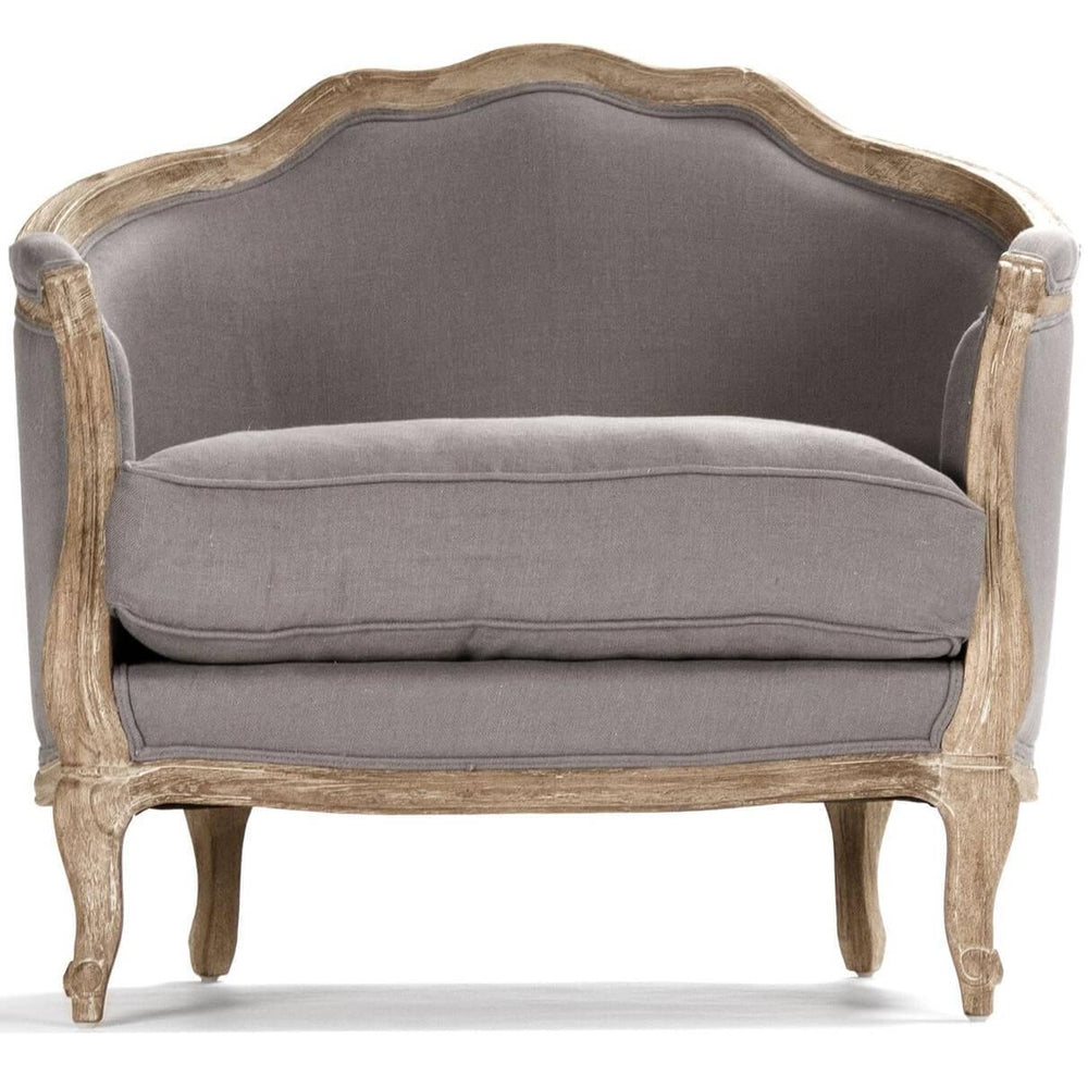 Curvy Top Maison Love Chair with gray linen fabric and cabriole legs - Belle Escape