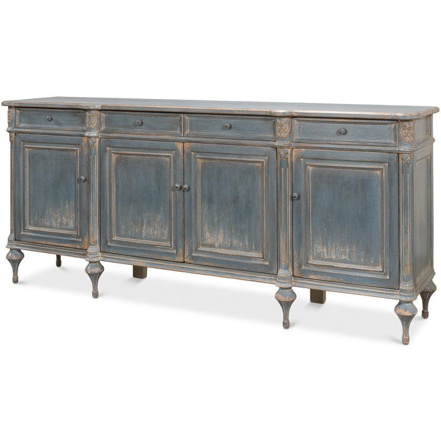 Distressed blue sideboard with ornate legs, French country style buffet for farmhouse or shabby chic decor