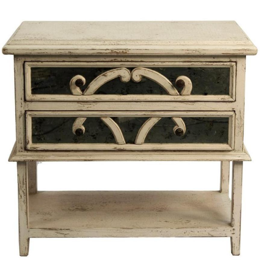 Distressed White Elysee Nightstand with antiqued mirror inset - Belle Escape