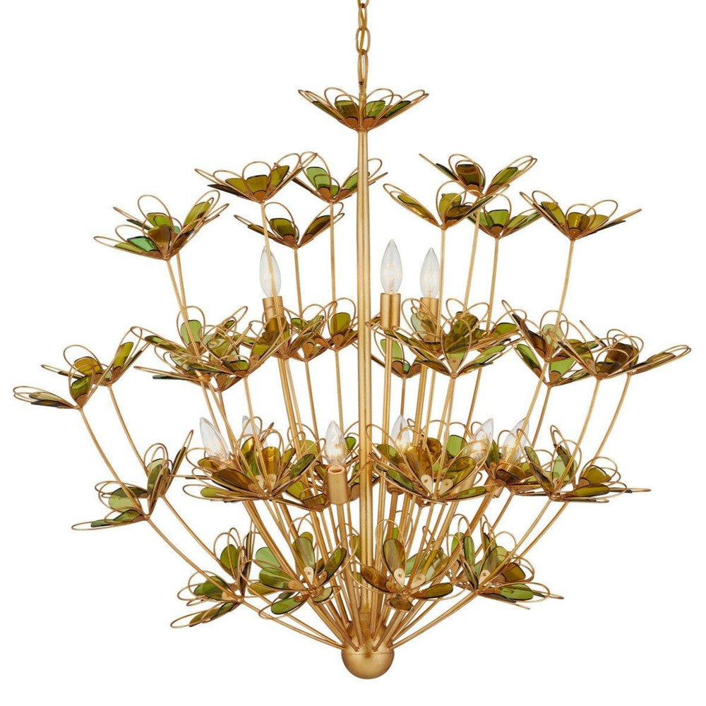 Gold floral chandelier with green glass petals, elegant vintage lighting for farmhouse or shabby chic decor