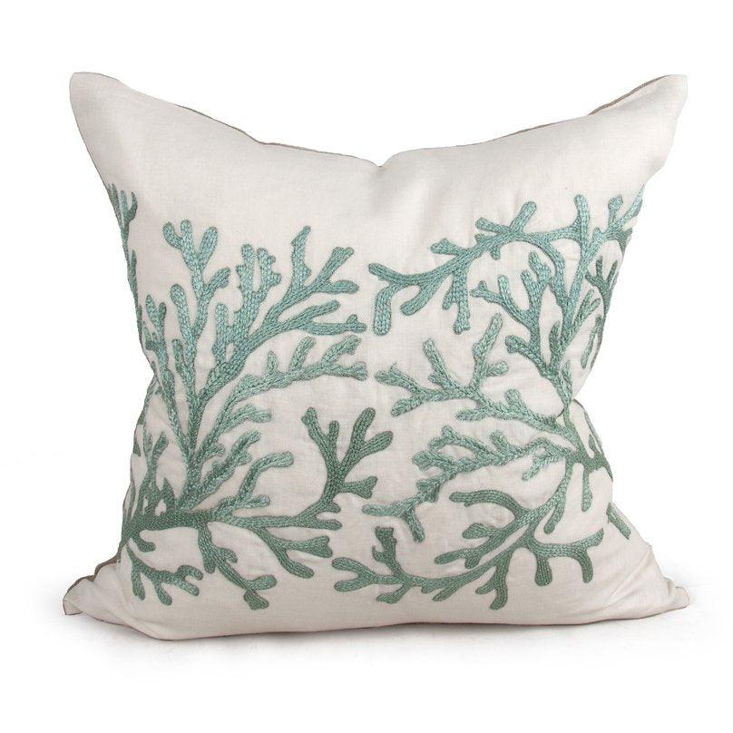 Embroidered Blue Coral Accent Pillow - Belle Escape