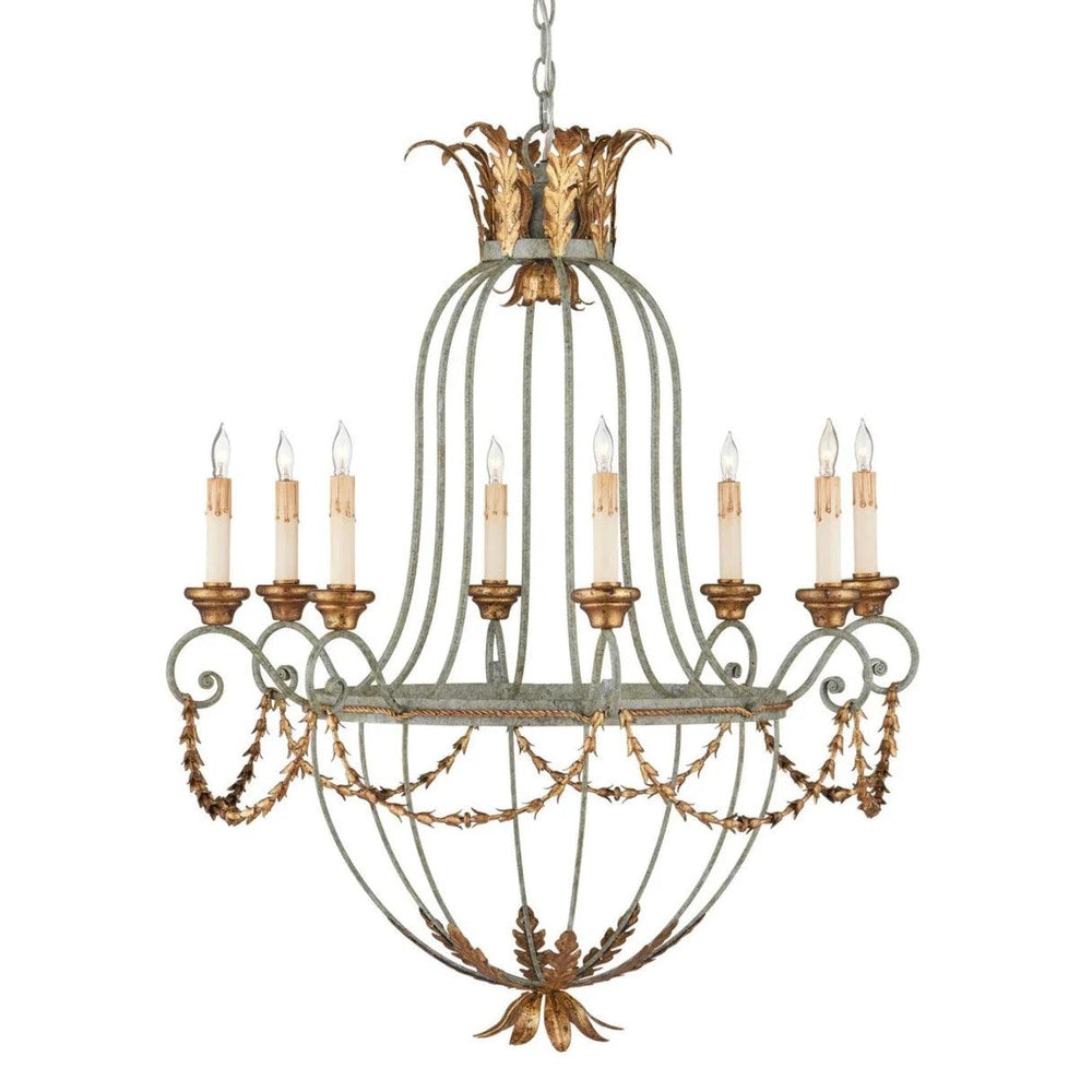 French country chandelier with gold leaf accents and candle-style bulbs, perfect for shabby chic or farmhouse decor