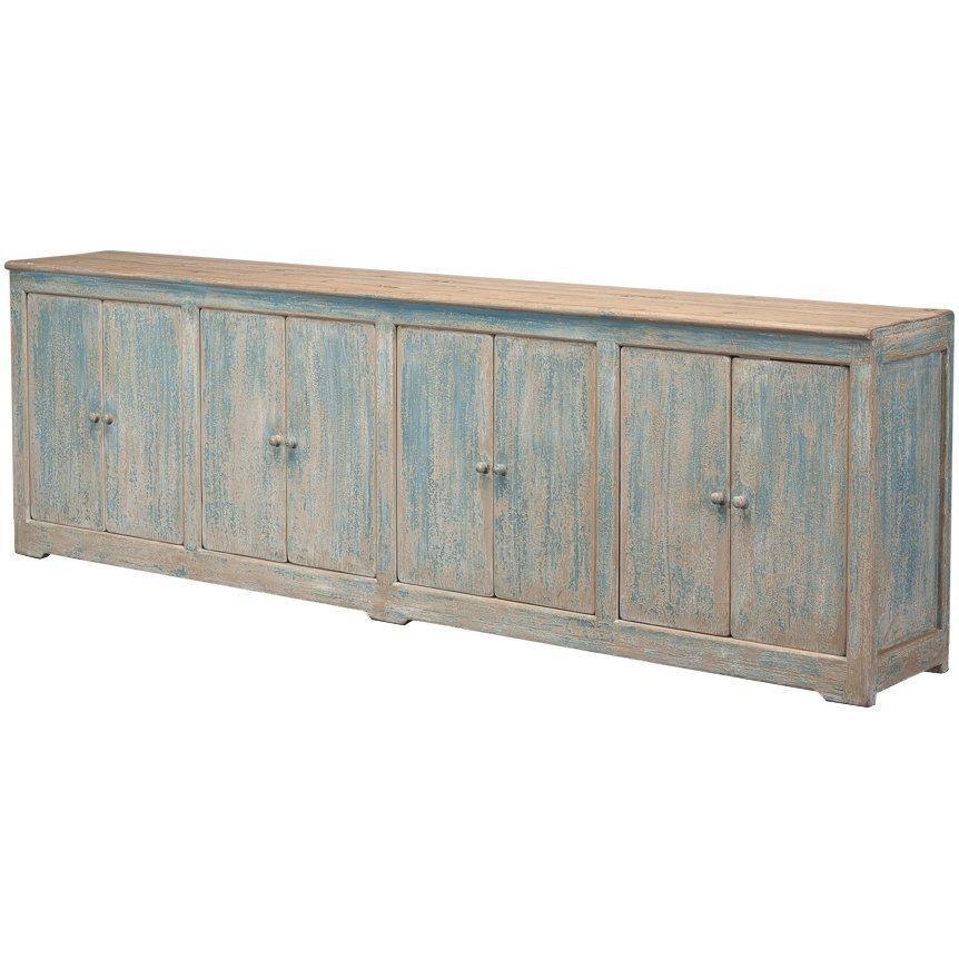 Extra Long Blue Washed Sideboard with a natural wood top - Belle Escape