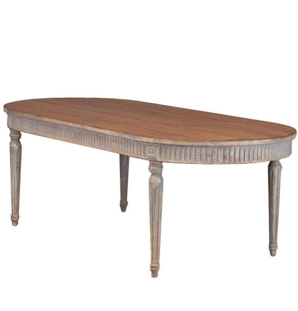 Distressed oval coffee table with rustic farmhouse charm and weathered blue-gray finish