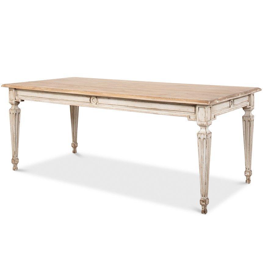 French Elise Wood Top Dining Table in Louis style with fluted legs and carvings on the apron - Belle Escape