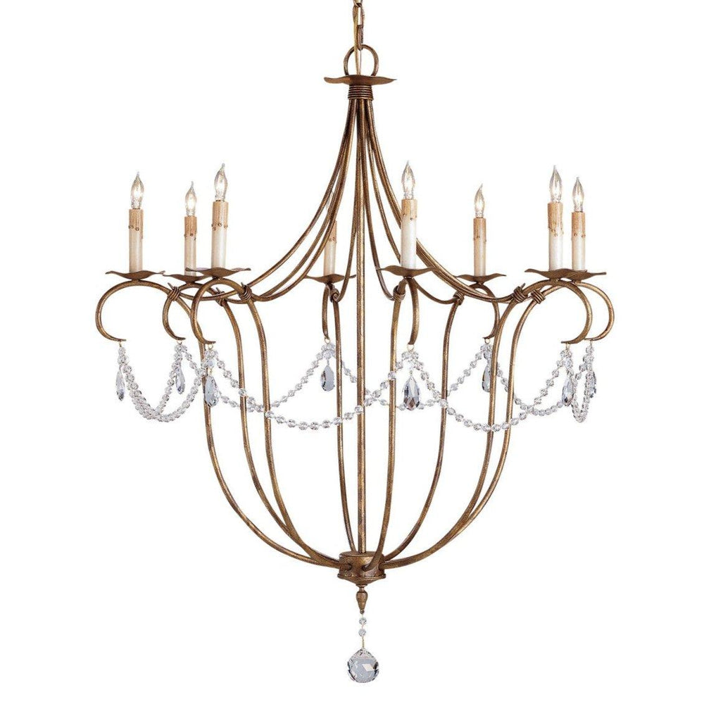 Elegant French country chandelier with gold finish, crystal droplets, and candle-style bulbs