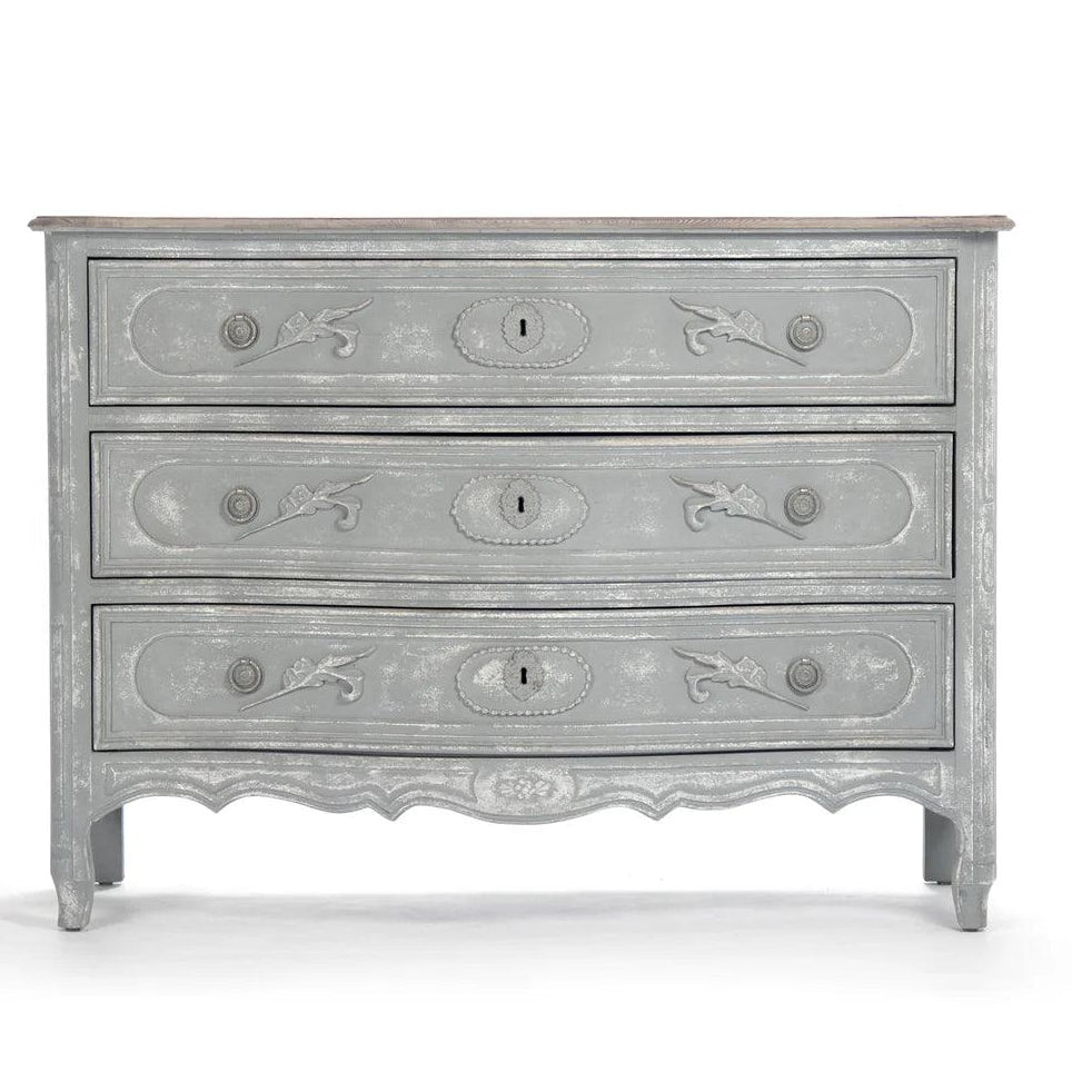 Gray French country dresser with ornate carvings and vintage hardware