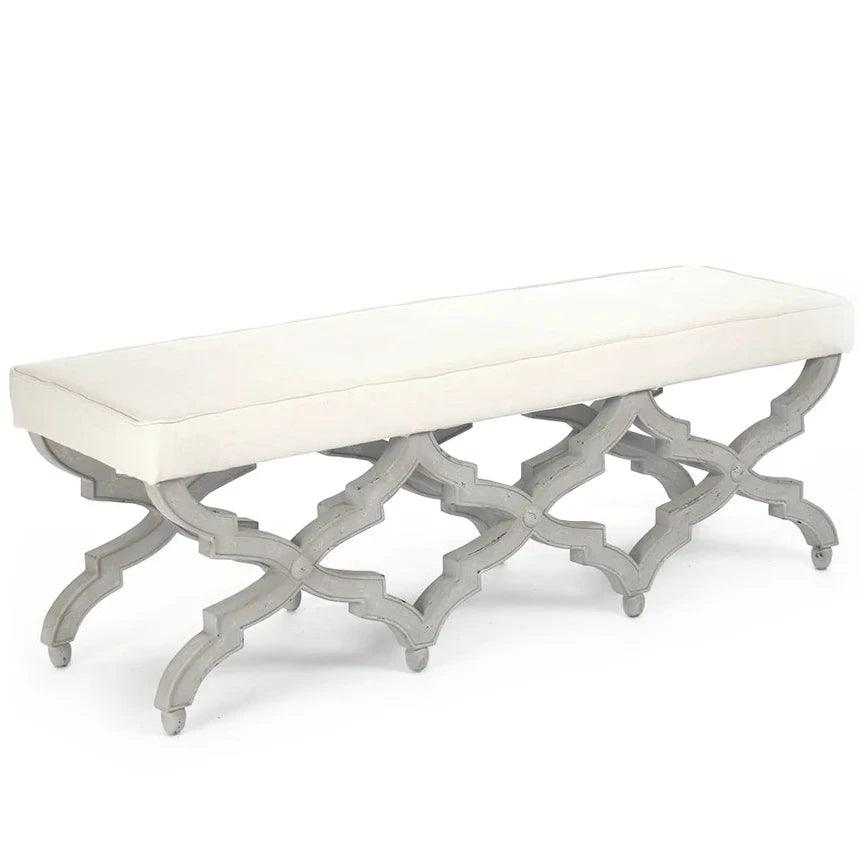 Elegant gray lattice base bench with cream cushion, perfect for French country or farmhouse decor