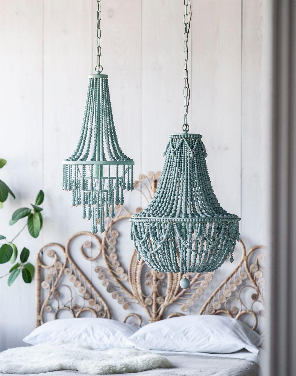 Light Blue Wood Beaded Swag Chandelier - Belle Escape