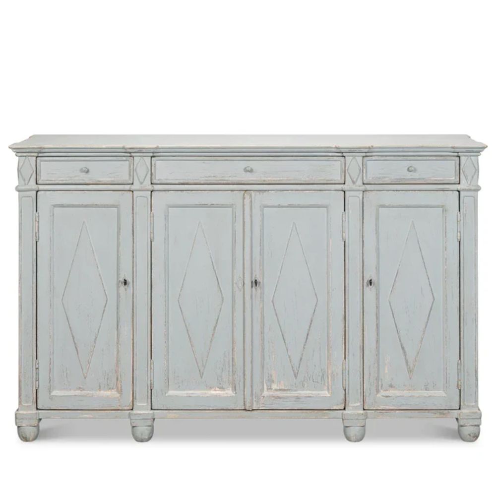Distressed light blue sideboard with diamond panel doors and three drawers, French country style
