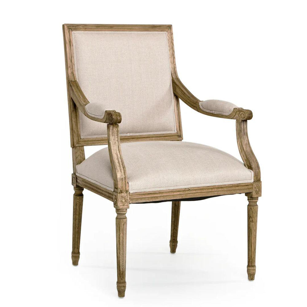 French country armchair with distressed wood frame and neutral linen upholstery, perfect for shabby chic or farmhouse decor