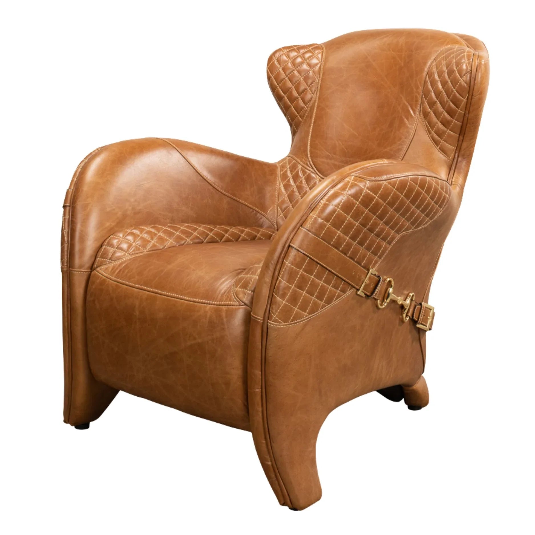 Luxury brown leather armchair with quilted detailing and gold buckles, perfect for French country or farmhouse decor.