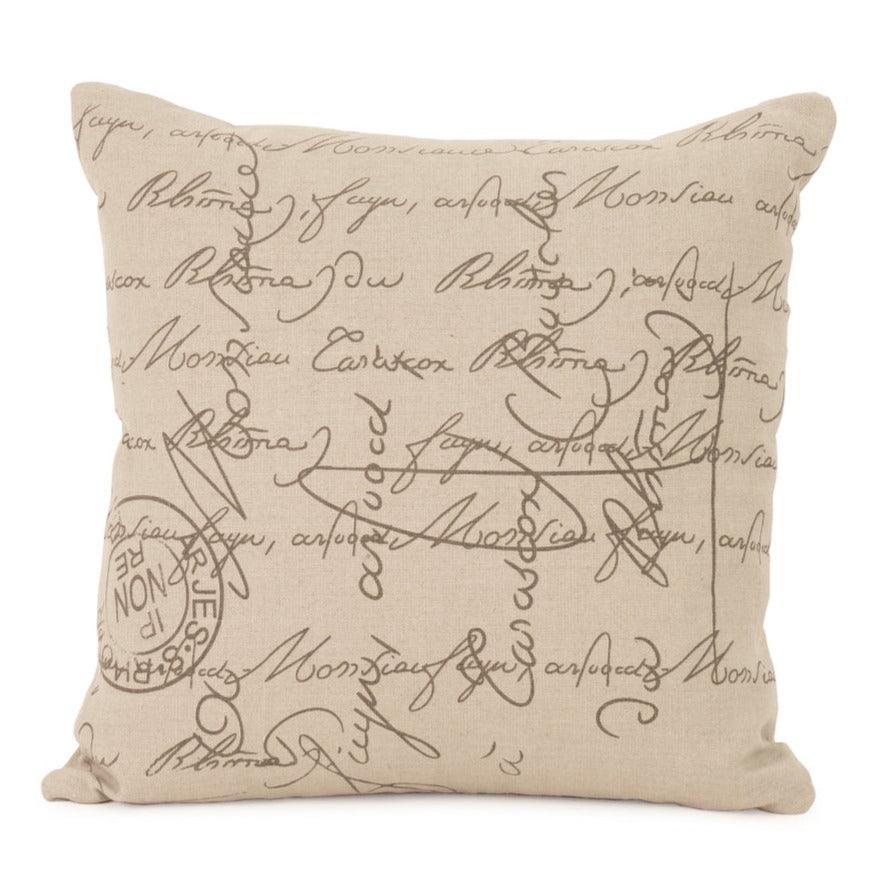 French script pillow in shabby chic style, natural linen with vintage cursive design