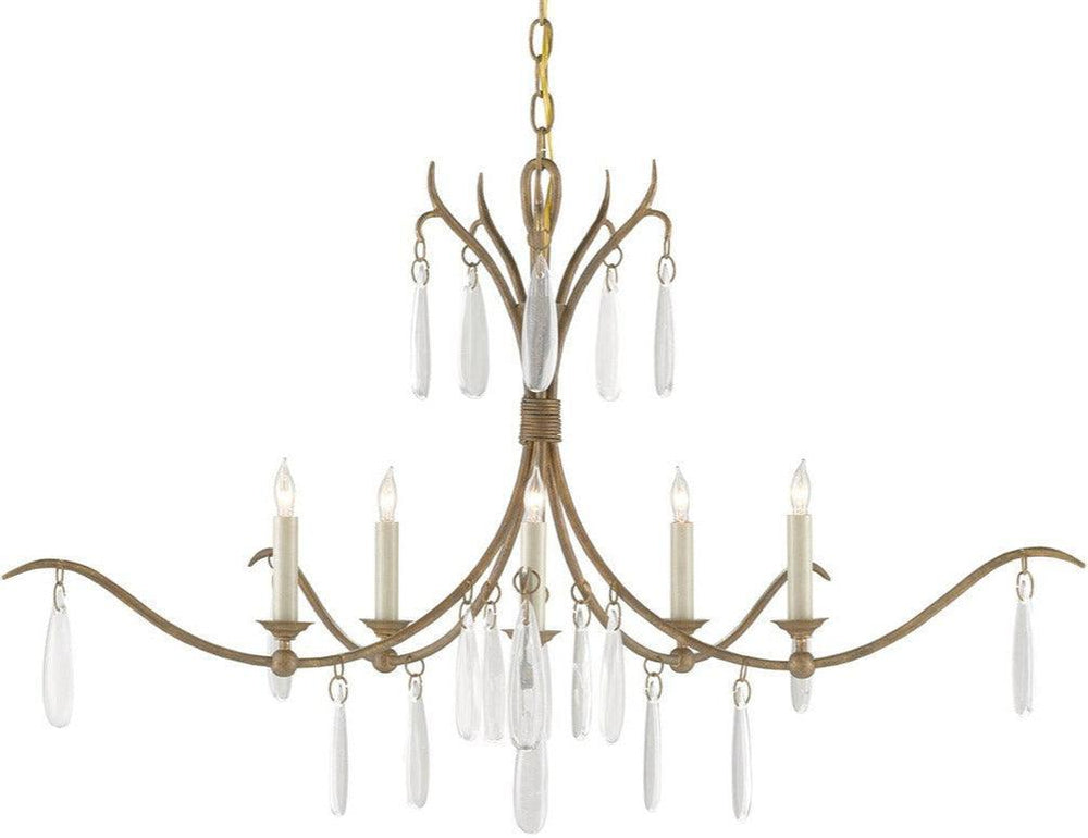 Gold French country chandelier with crystal droplets and candle-style lights.