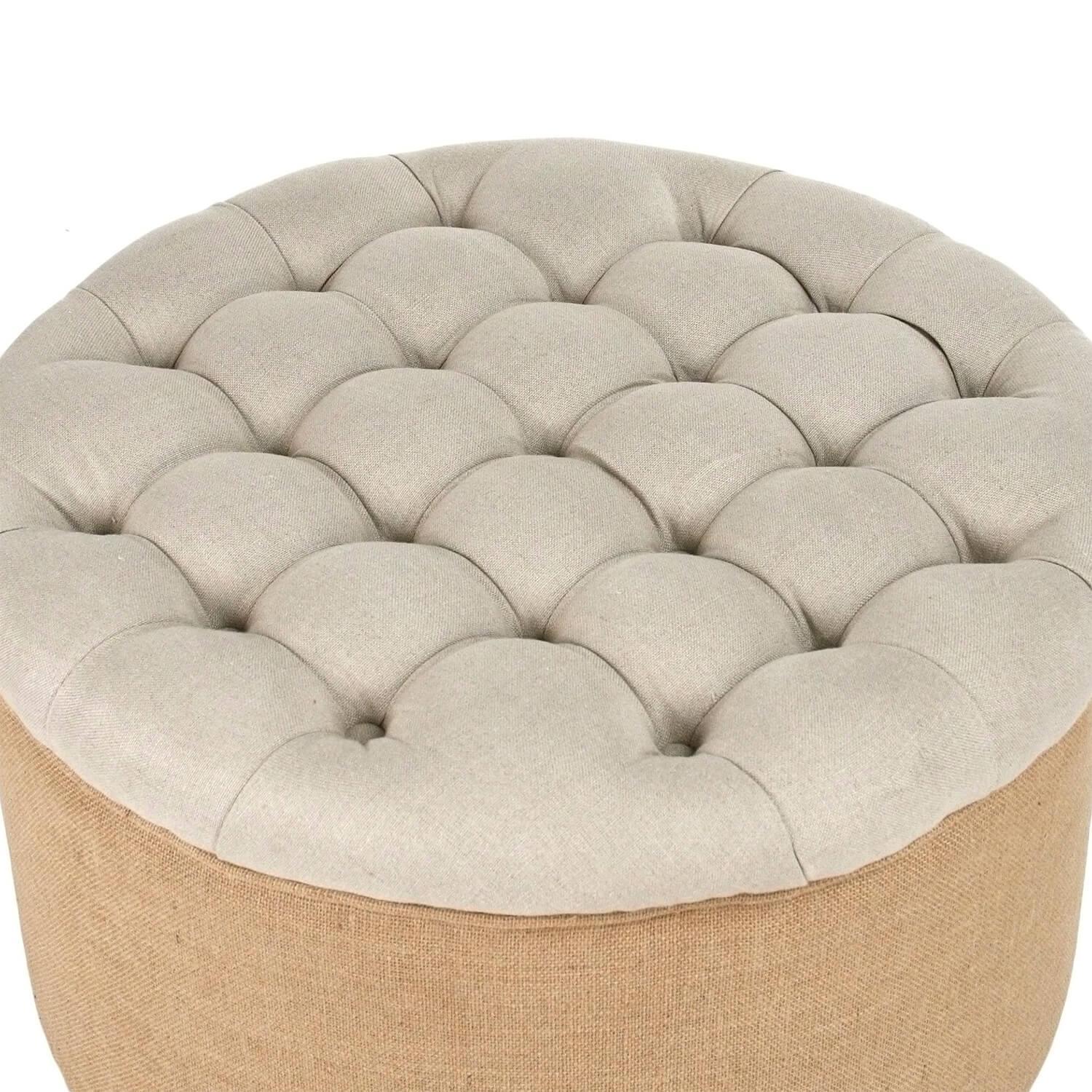 Round Tufted Burlap Ottoman - Belle Escape