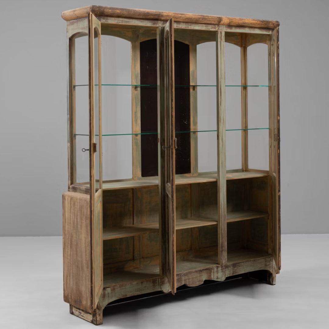 Sage Vintage French Glass and Wood Display Cabinet, Circa 1930